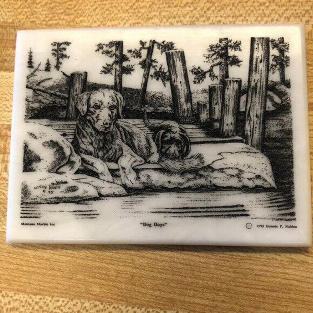 Etched " Dog Days" Stone Tile Montana Marble Inc 1995 Vintage Unique hunting dog